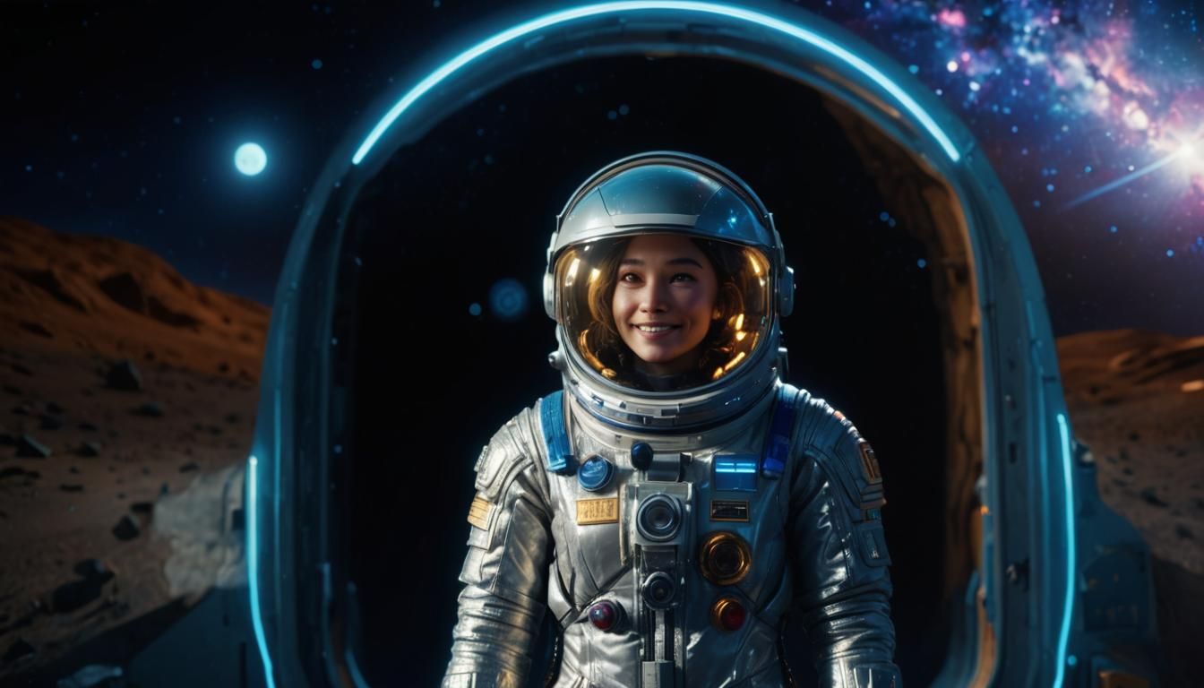 a woman in a space suit standing in a doorway with a space background 