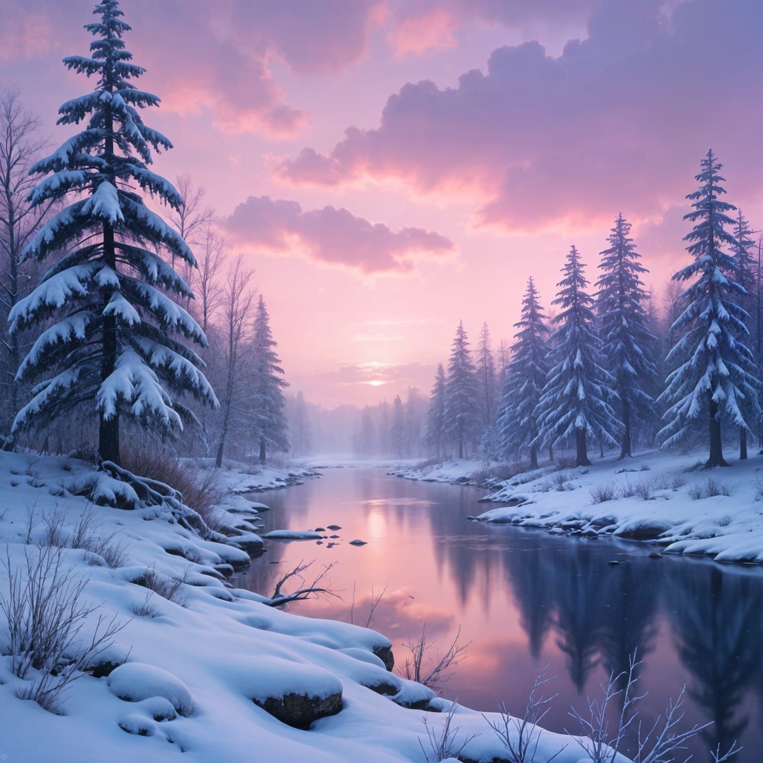 Mauve Sky Snow Landscape with Snowy Trees and River