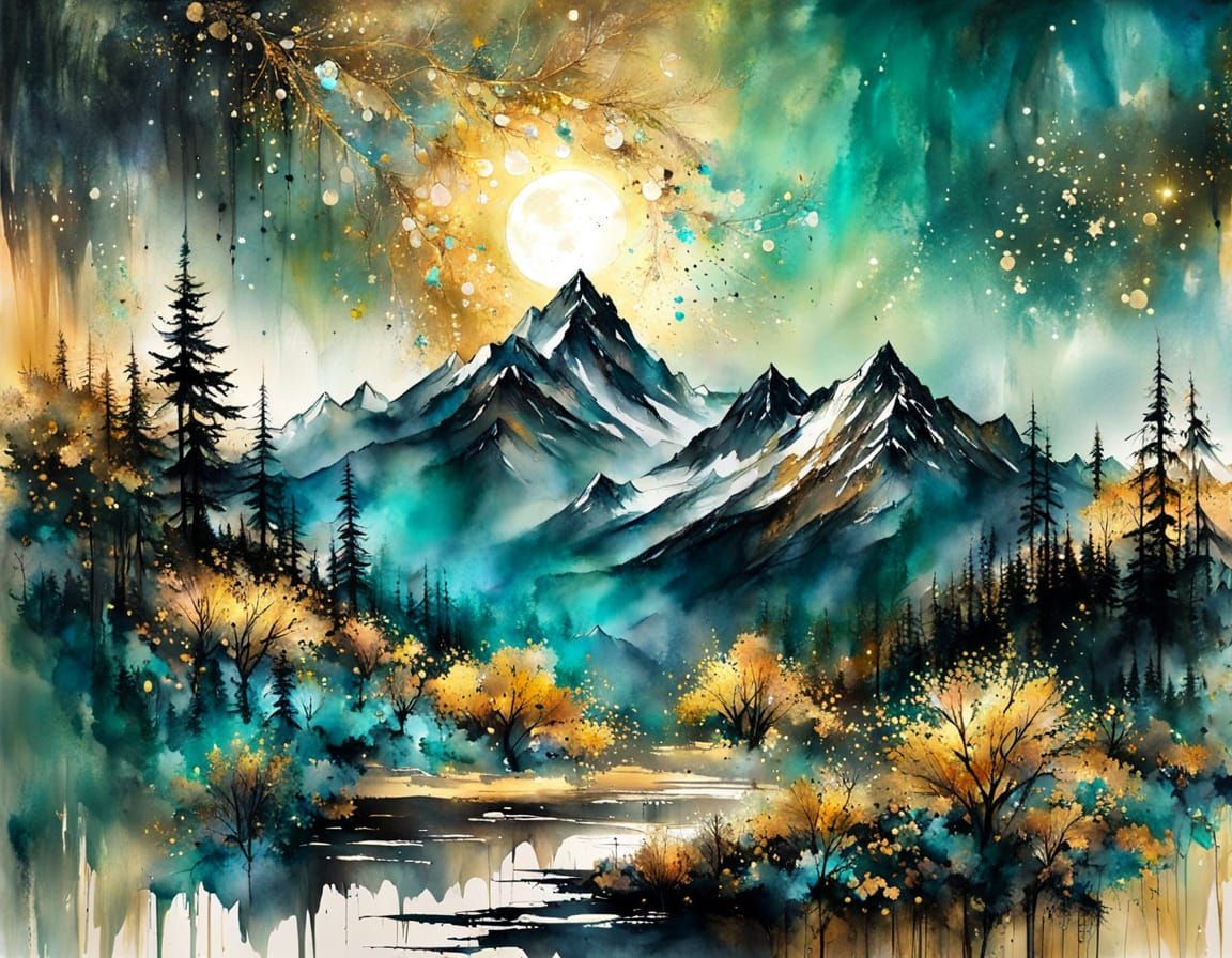 Mountain landscape in the golden moonlight