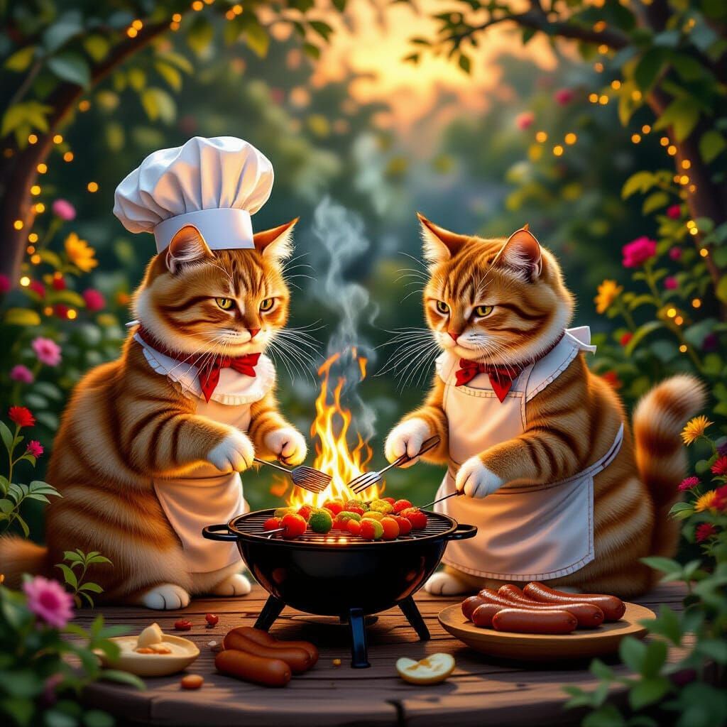 Whimsical Cats Barbecuing in a Dreamlike Garden
