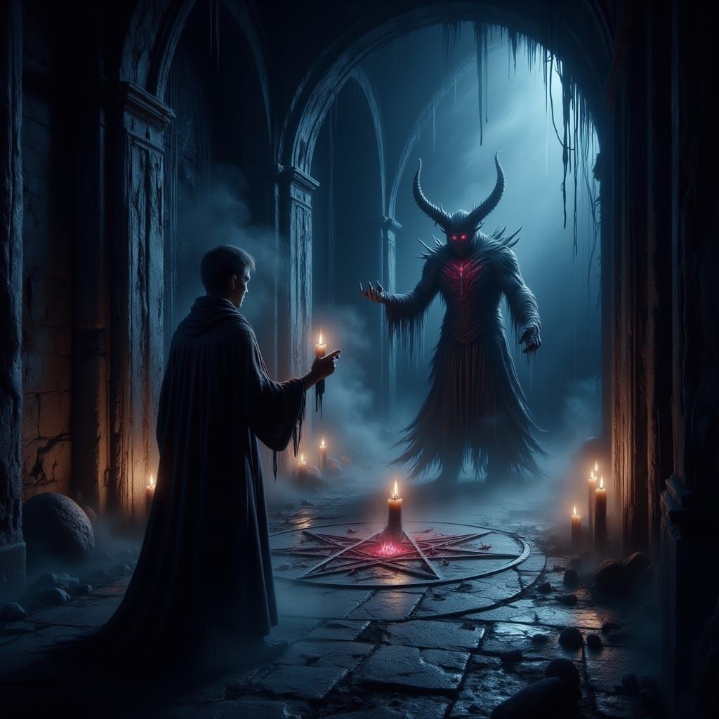 <lora:-Omnious-:1.0> من یک جادوگر جوان هستم با عجله با دوربین در حال فیلم برداری وارد یک خانه ی تسخیر شده میشم تا یک دیو را احضار کنم کیسه ص...