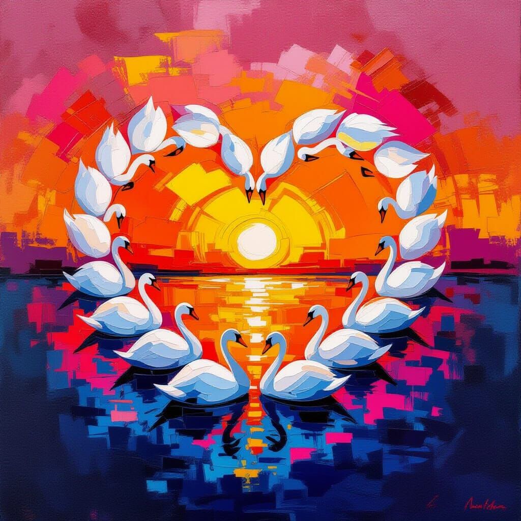 Swans Form Heart in Abstract Sunset Art