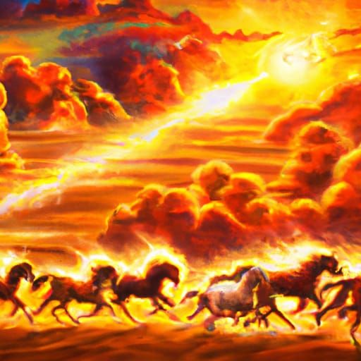 Chariots of fire with firehorses running on a long plain detailed matte ...