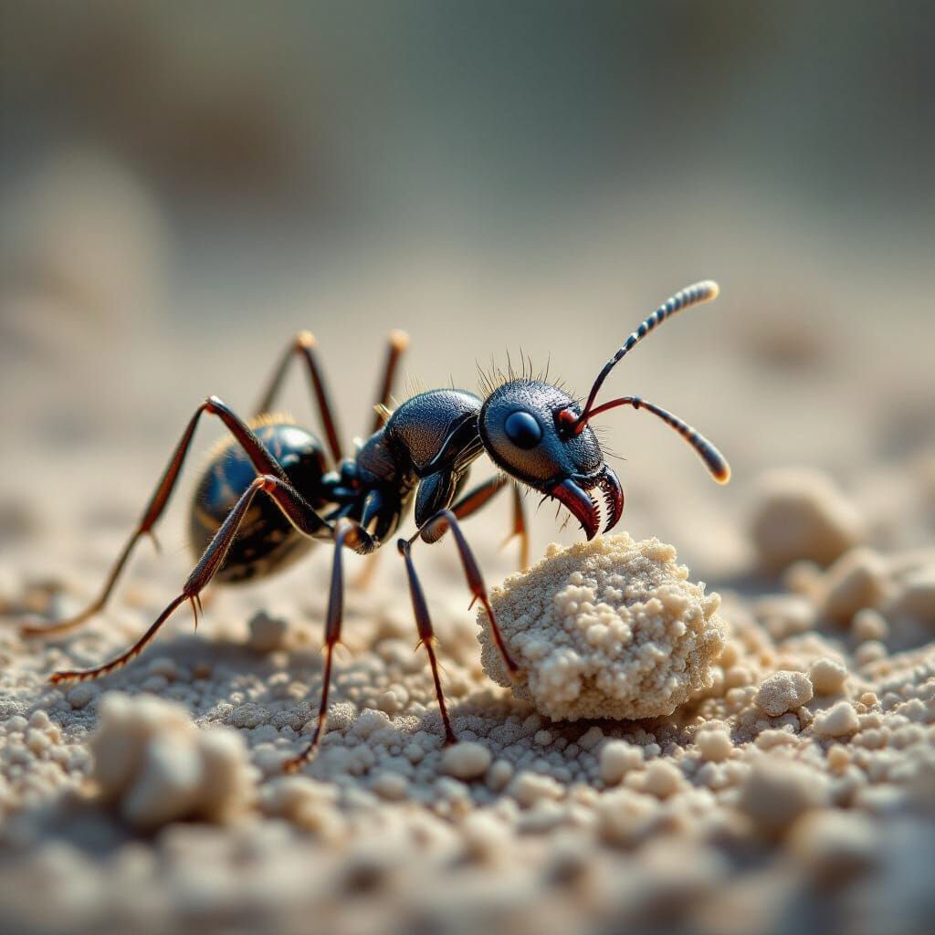 a super  close up macro photo of an ant carrying a piece of sand, hyper realistic, ultra detailed  by @wheresthekarma