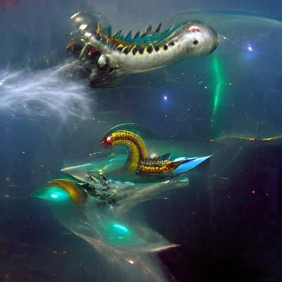 Underwater sea serpent fighting a spaceship