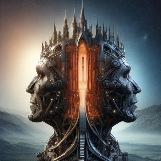 <lora:SD-WETA-FX:1.0> biomechanical aesthetic depicting a futuristic castle inside a colossal head, with a society residing within. The head...
