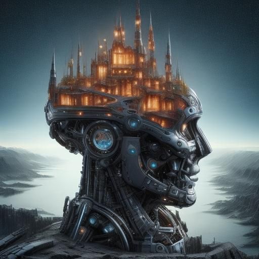 <lora:SD-WETA-FX:1.0> biomechanical aesthetic depicting a futuristic castle inside a colossal head, with a society residing within. The head...