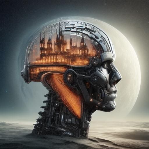 <lora:SD-WETA-FX:1.0> biomechanical aesthetic depicting a futuristic castle inside a colossal head, with a society residing within. The head...