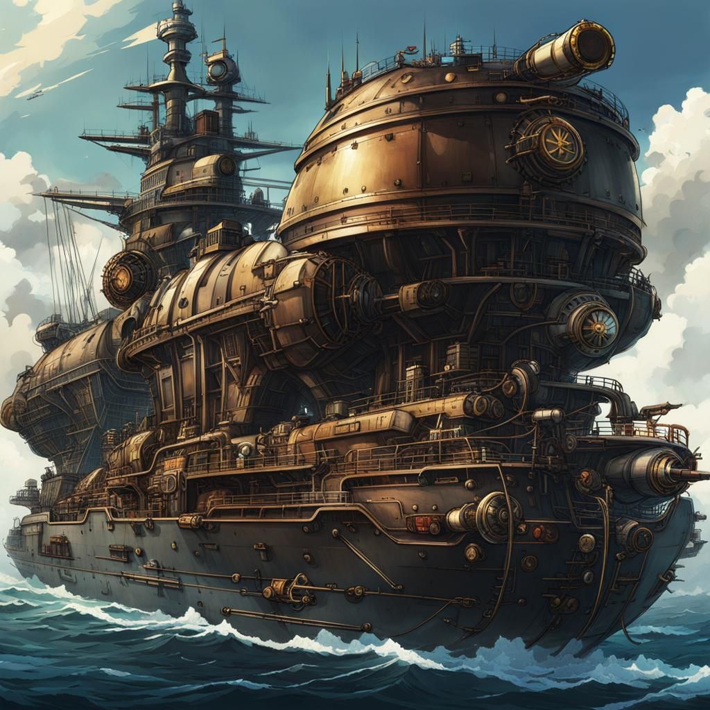 Dystopic Steampunk Modern Warship fleet on the sea