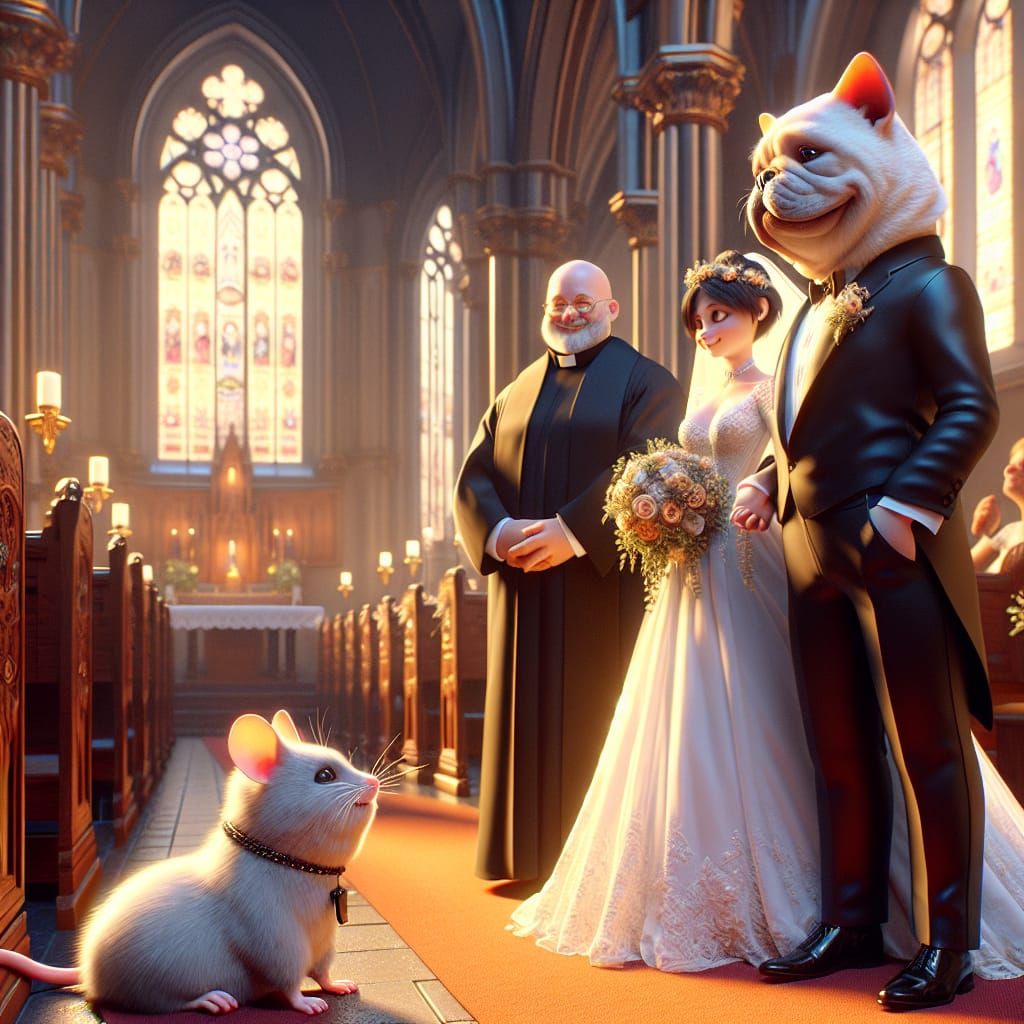 Cinematic Wedding Scene of Feline and Rodent in a Dreamy Cha...