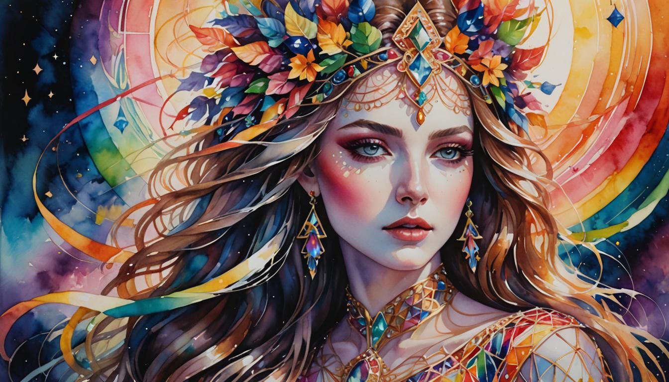 Celestial Goddess Ascends in Vibrant Aquarell Painting