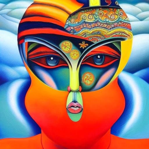 A colorful surreal fantasy painting of The Face of Inner Str...