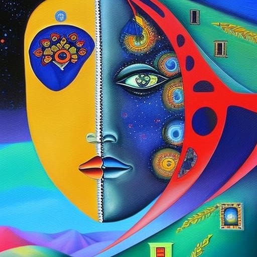 A colorful surreal fantasy painting of The Face of Inner Str...