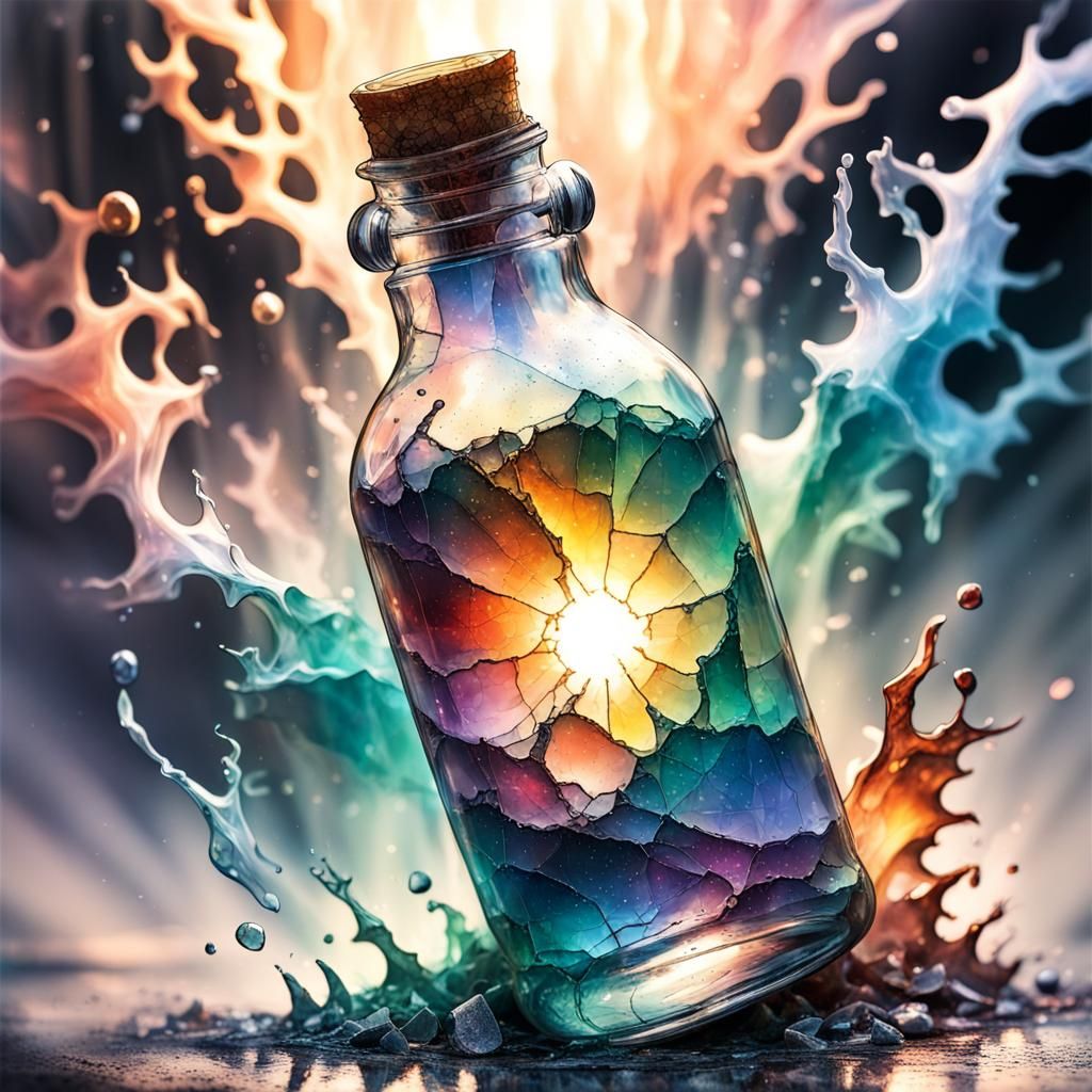 Broken, shattered and Cracked bottle of magical elements seeping out of ...