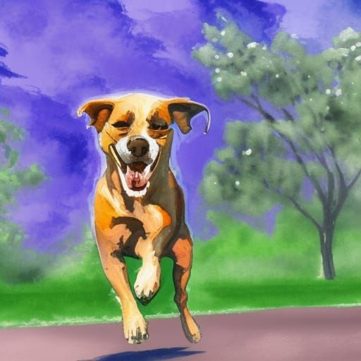 Purple dog running in the street