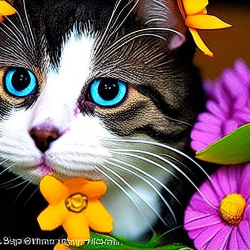 grey and white cute cat with flower on its nose