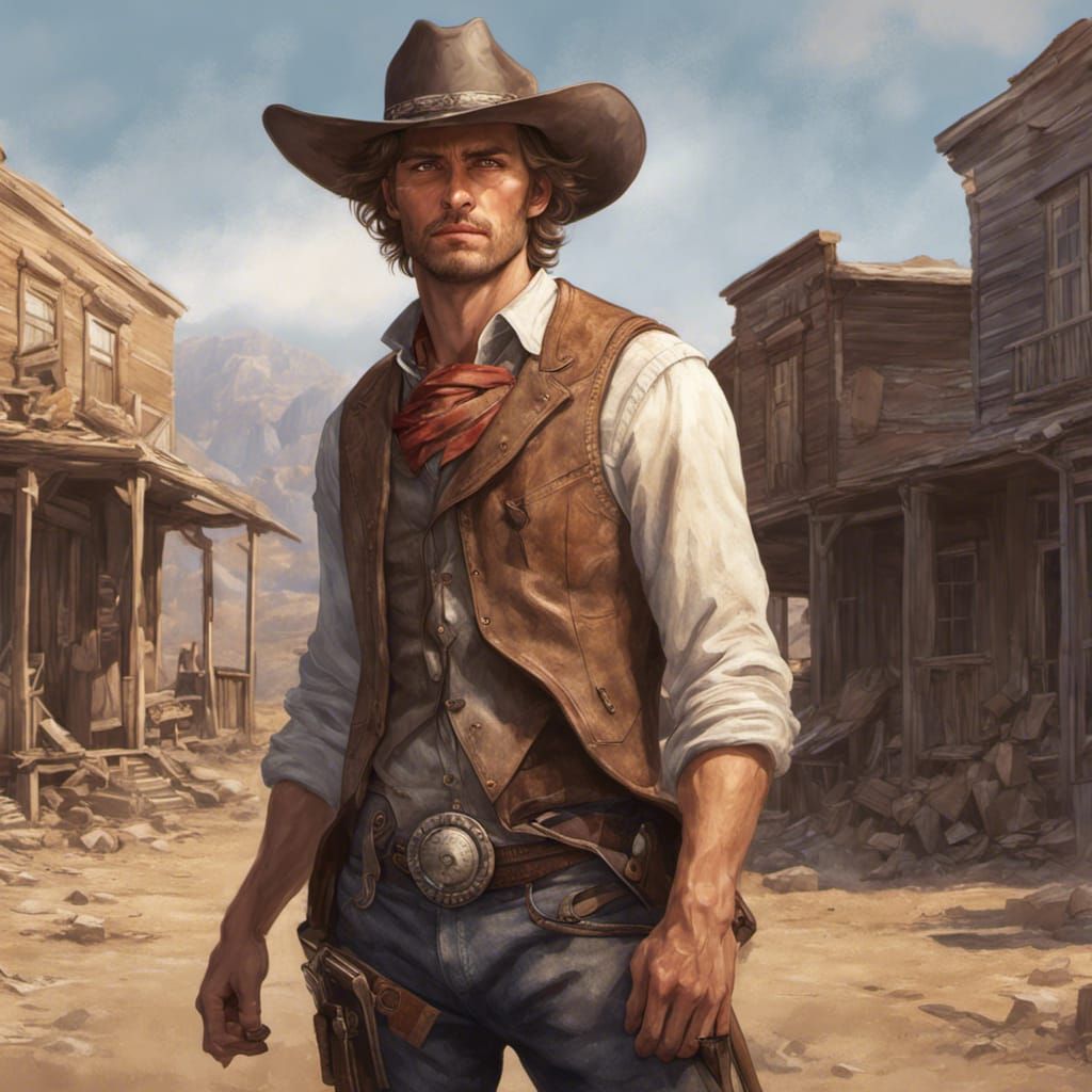 A handsome realistic Cowboy in an abandoned western town , perfect ...