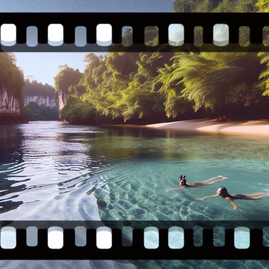 Crystal clear river with sandy banks, tropical jungle to the...
