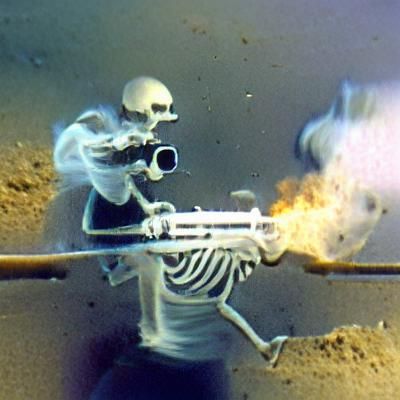 A skeleton firing a gun at the camera