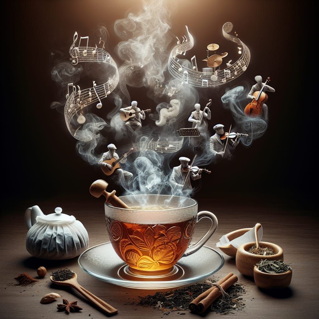 beautiful hot vapor shaped like a band playing musical instruments all sitting around the rim of a cup of tea from an embossed glass cup, wi...