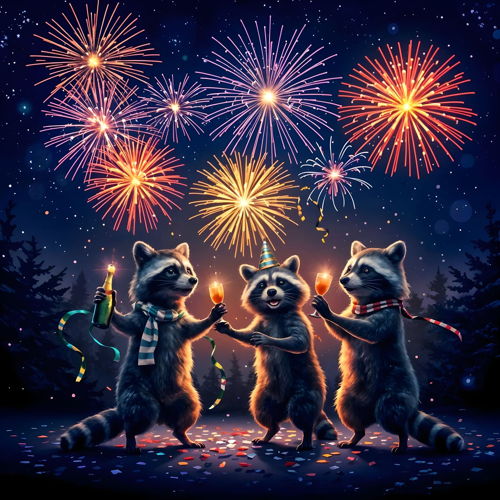 Raccoons happy to make it another year… mee too  by @Tiny Pearl Cat
