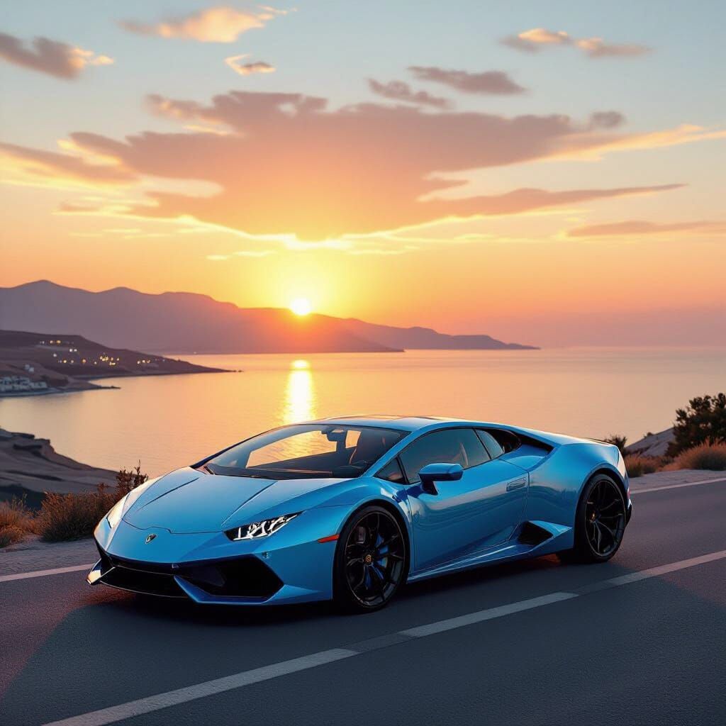 Blue Lamborghini Huracán at Sunset Over Sea of Galilee
