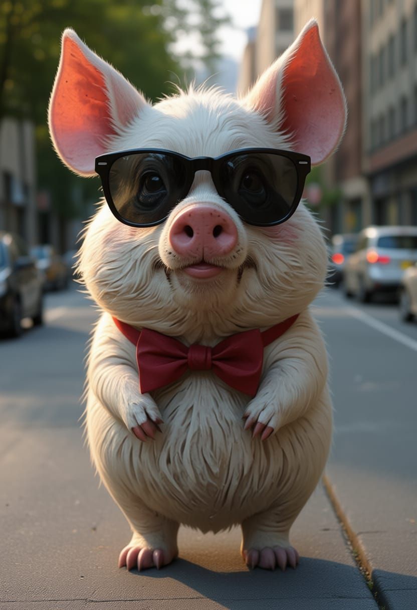 creat a image of papa pig from previous creation white fur grey spots sunglasses bowtie walking lonely under an interpass on sidewalk card p...