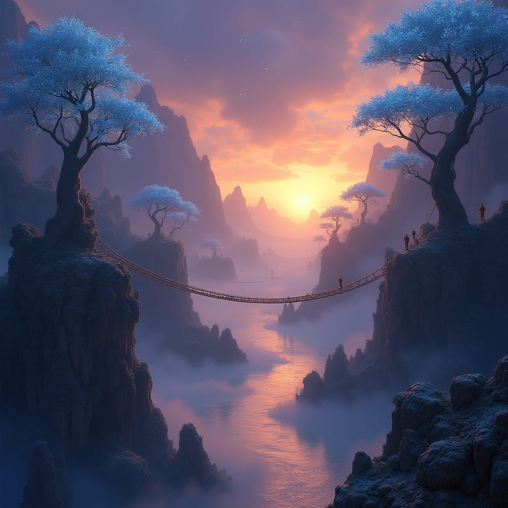 Surreal Fantasy Landscape at Twilight with Majestic Floating...