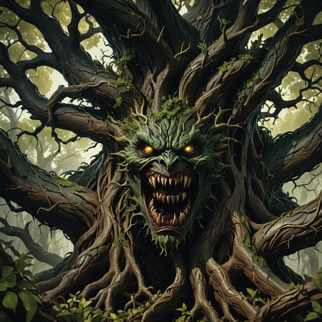 A monster tree with evil eyes and sharpe wooden teeth snarling from its brown face and green leaves