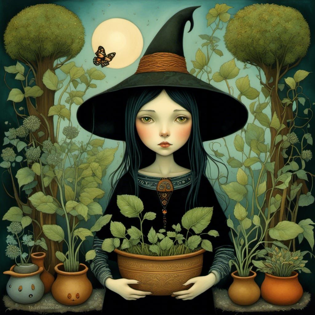 the ancient herb witch in her herb garden  by Kelly Vivanco,...