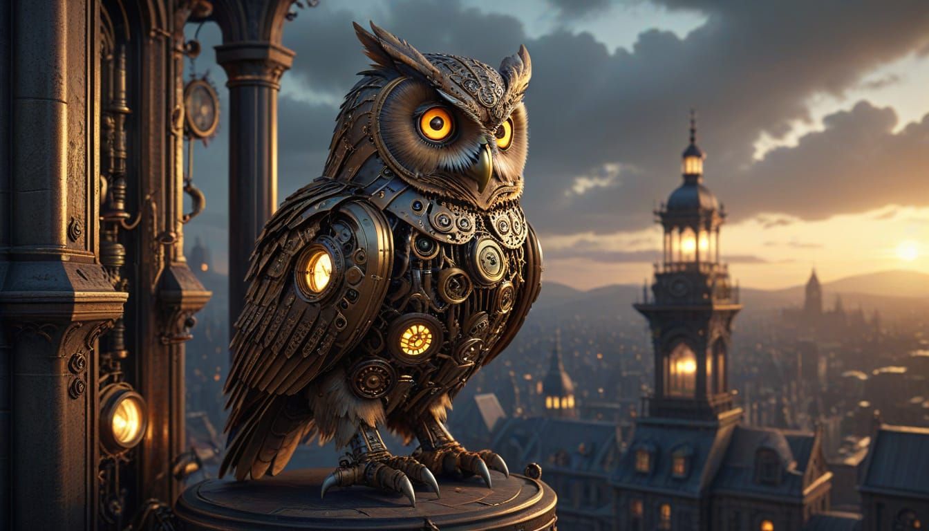 A majestic steampunk owl with intricate brass gears and glowing vacuum tubes for eyes, perched on a towering, ornate clockwork structure ove...