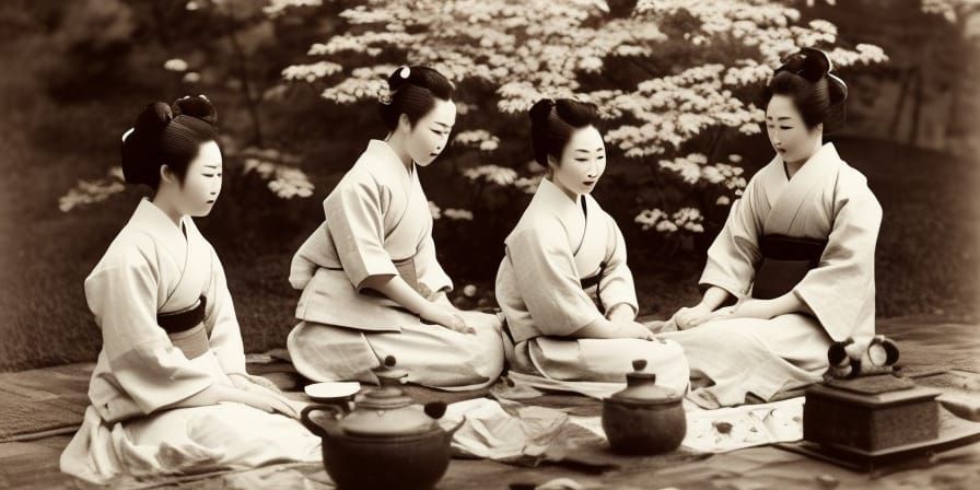 Geisha girls kneeling enjoying a solemn, traditional tea cer...