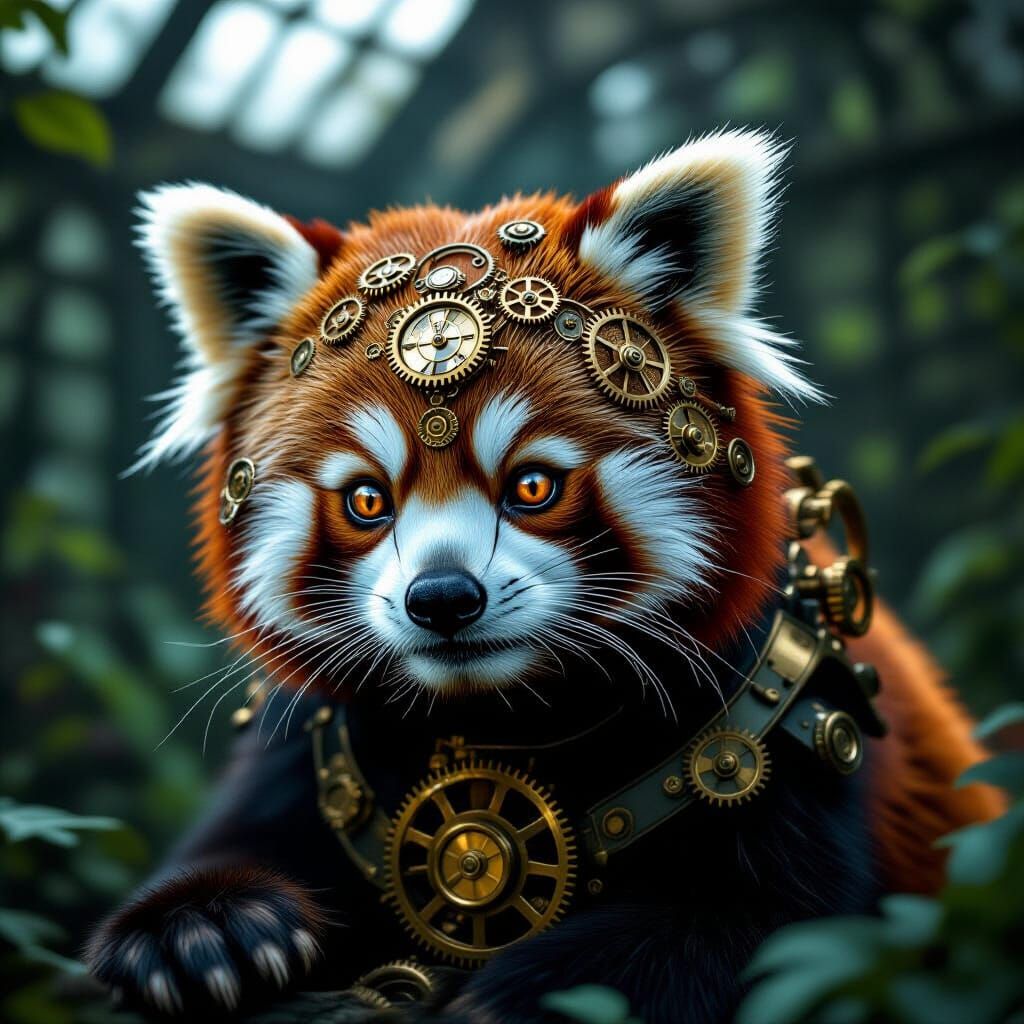 Gothic fantasy. Close-up shot. A majestic red panda adorned with intricate brass gears and clockwork mechanisms, exploring a dimly lit, over...