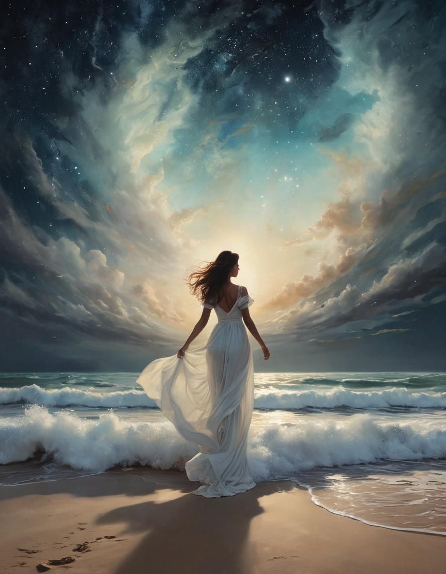 Agitated sea, high waves, single woman silhouette in a long white dress standing proud on the sand, facing the sea with her arms wide open....