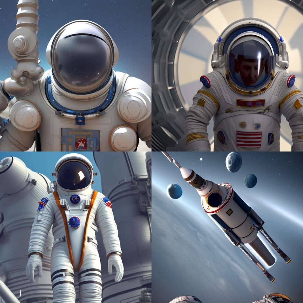 a cosmonaut in space and a cosmonaut in a rocket