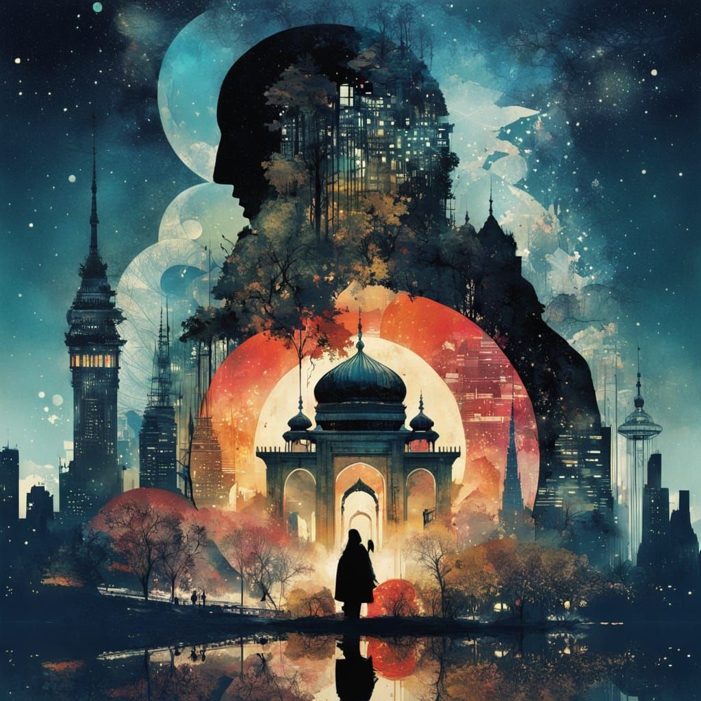 Vibrant Galaxy Meets Cityscape in Intricate Double Exposure