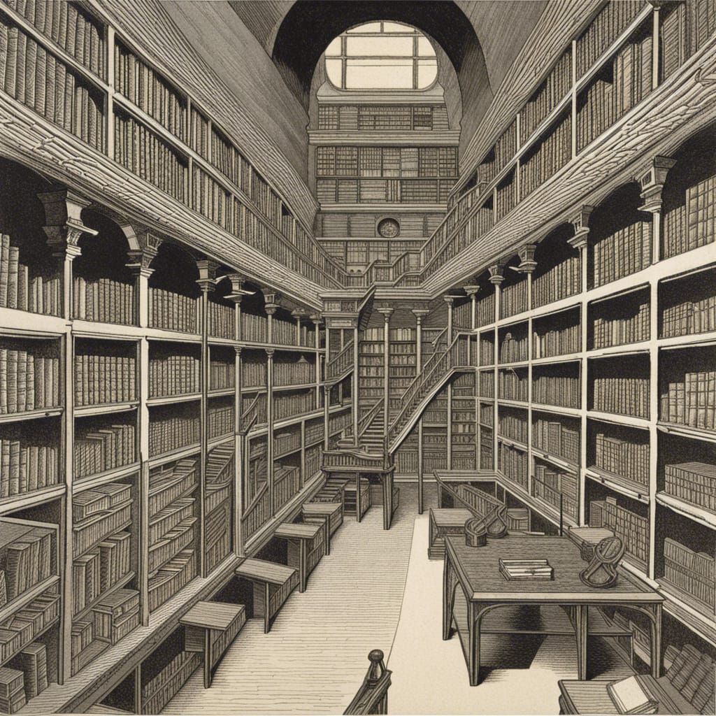 Library in the style of Maurits Cornelis Escher