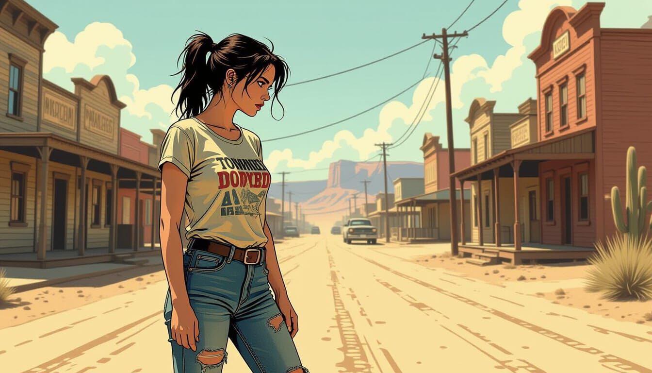 Tomboy Woman in Wild West Town, Cinematic Comic Style