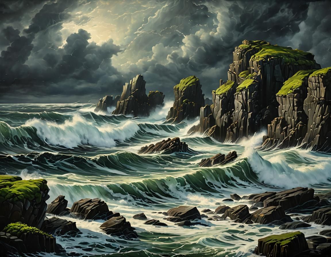 Moody Oil Painting, A cluster of large, jagged rocks covered in seaweed in the foreground, with the vast, stormy ocean stretching out to mee...