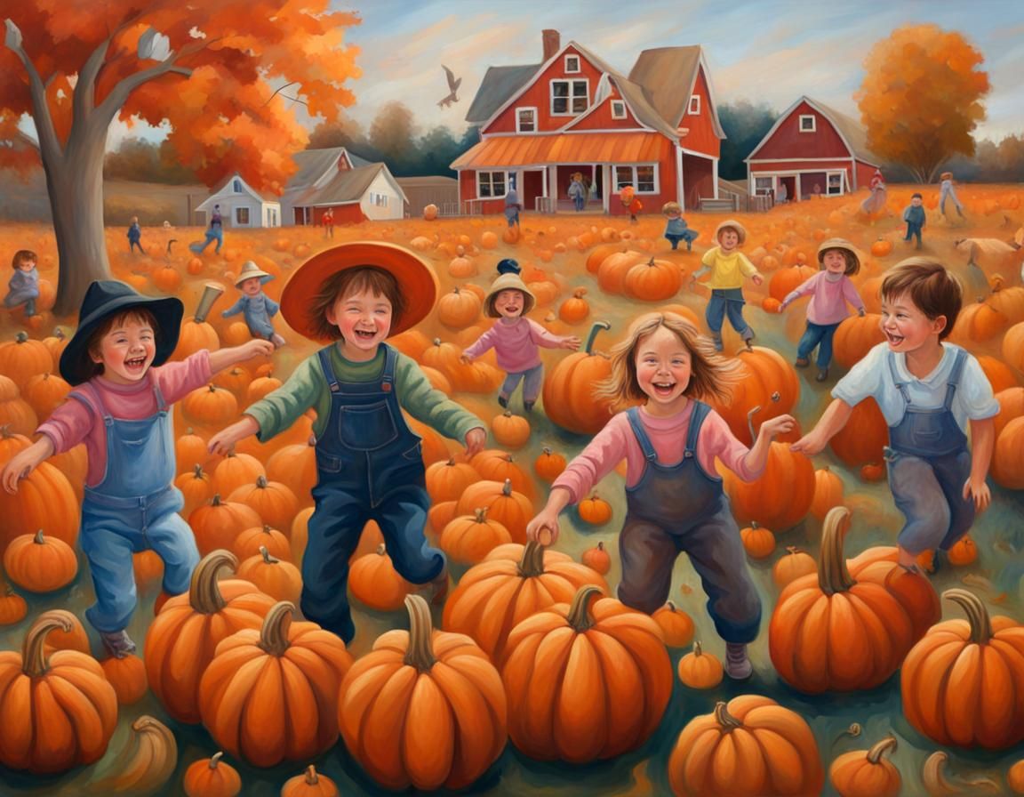 OIL PAINTING showcasing a joyful scene of BOYS AND GIRLS pla...