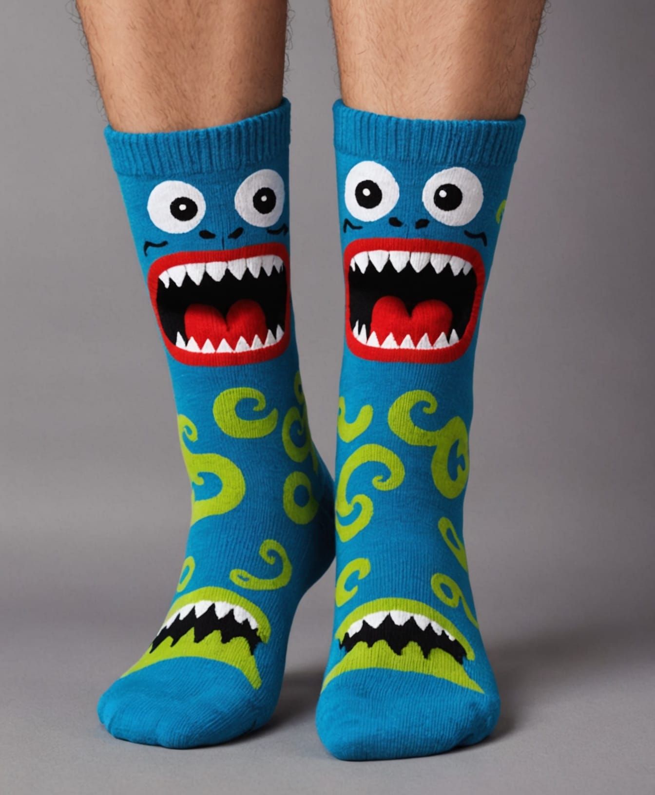 A pair of socks that look like cute monsters  by @EmzMc