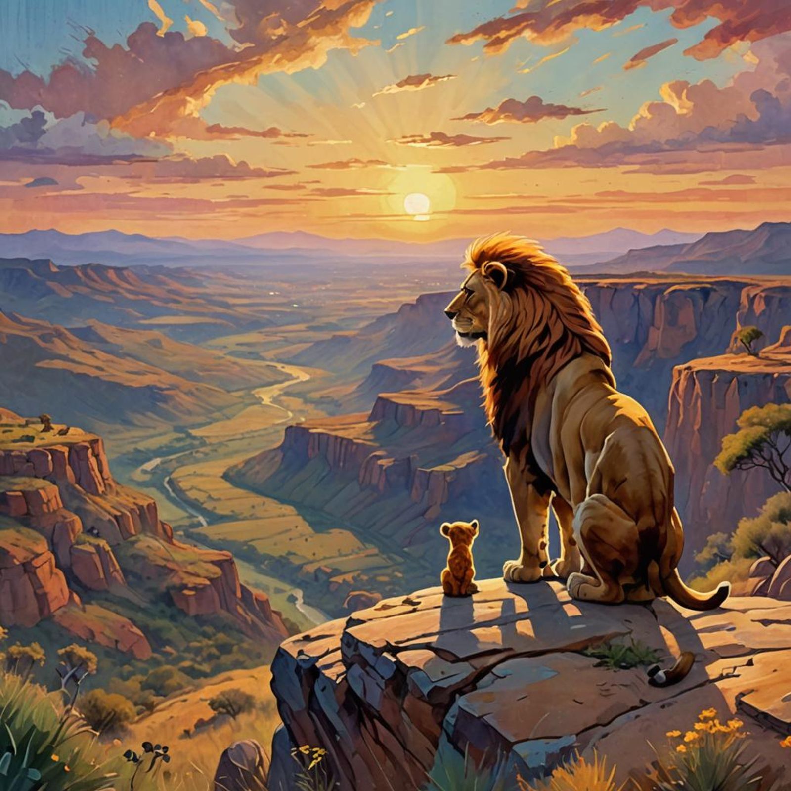 Mufasa and Simba standing on a cliff looking over the valley at sunset ...