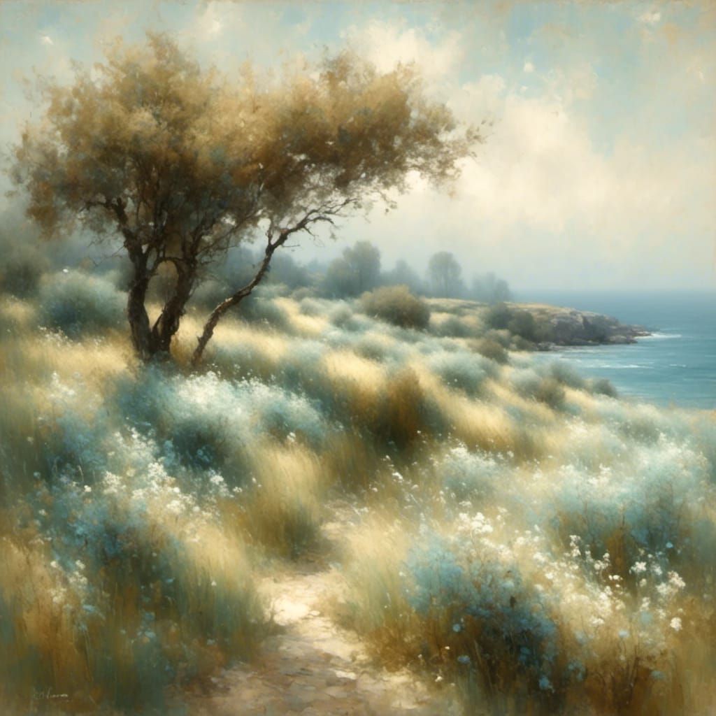 A slightly abstract coastal landscape painting, in the style of Impressionism