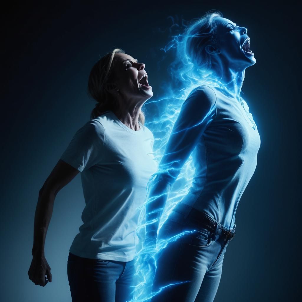 Hyper realistic image of Taylor Armstrong screaming while st...