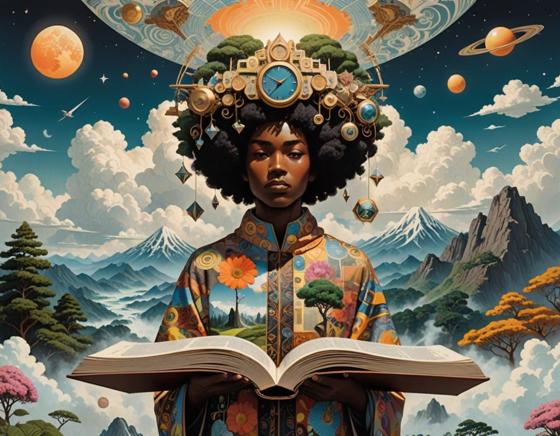 Create a surreal AI-collage-style image of an Afrofuturistic person standing on a giant open Kemetic book floating in the sky, with pages tr...