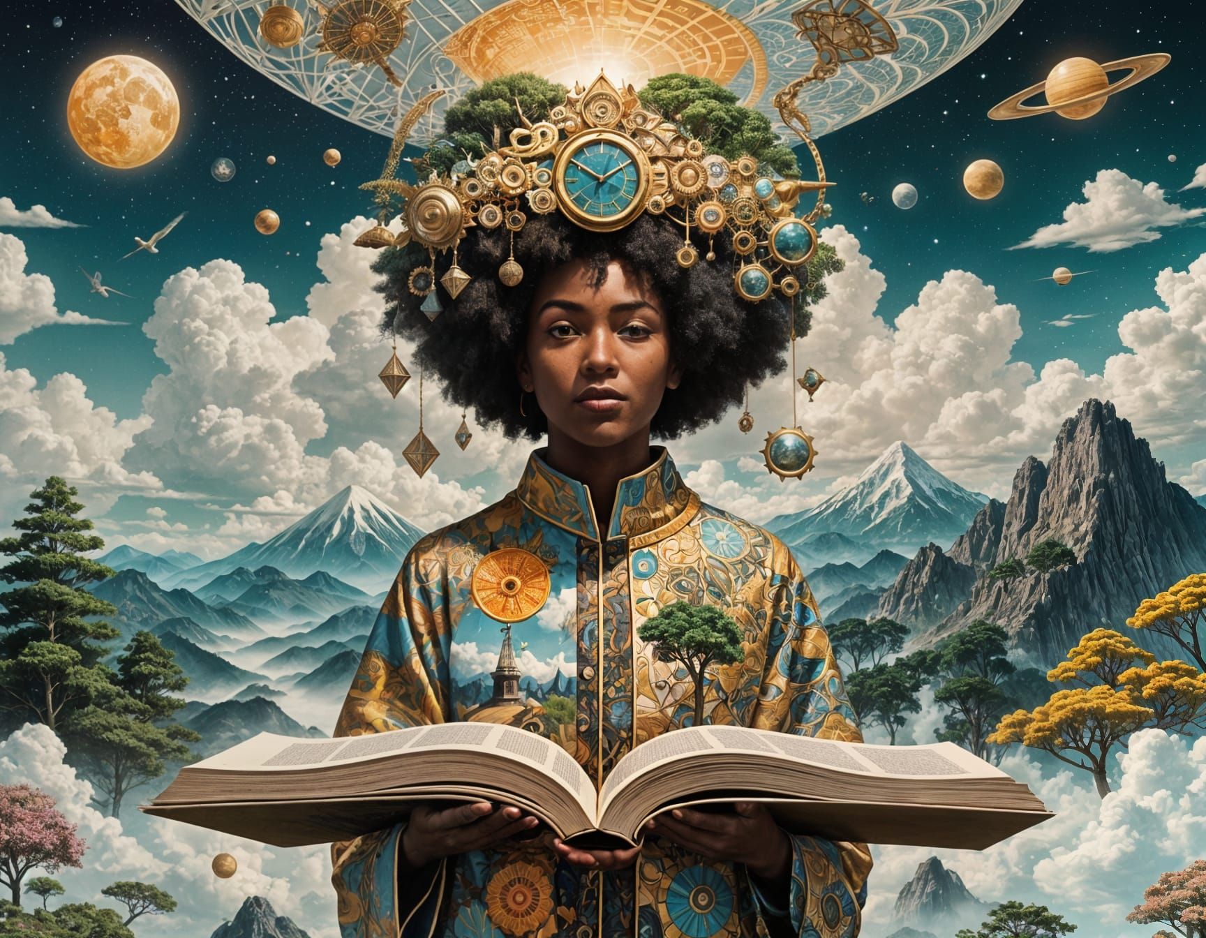  Create a surreal AI-collage-style image of an Afrofuturistic person standing on a giant open Kemetic book floating in the sky, with pages t...