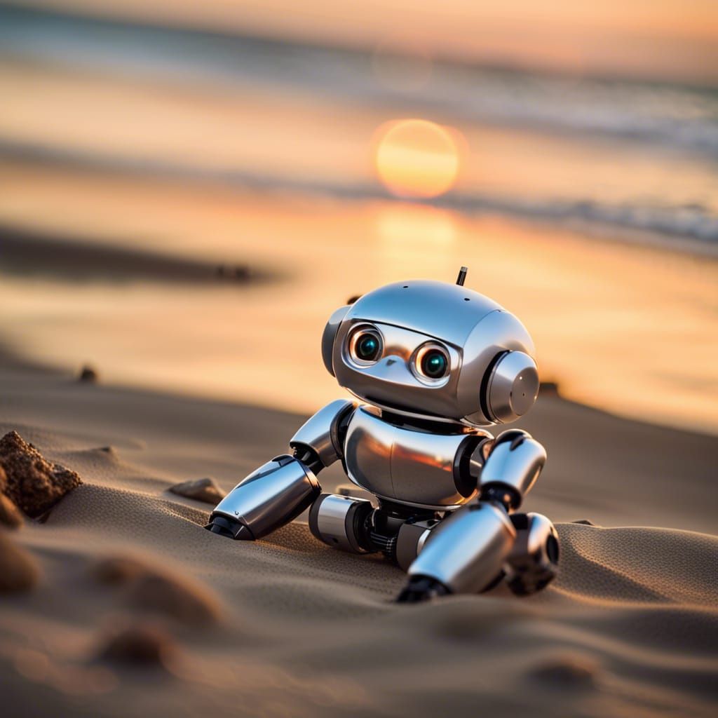 HD photo of Shiny new robot relaxing on the beach by the wat...
