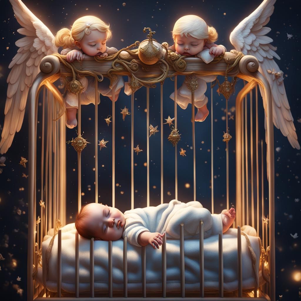 A cute baby is sleeping in crib, and protected by angels abo...