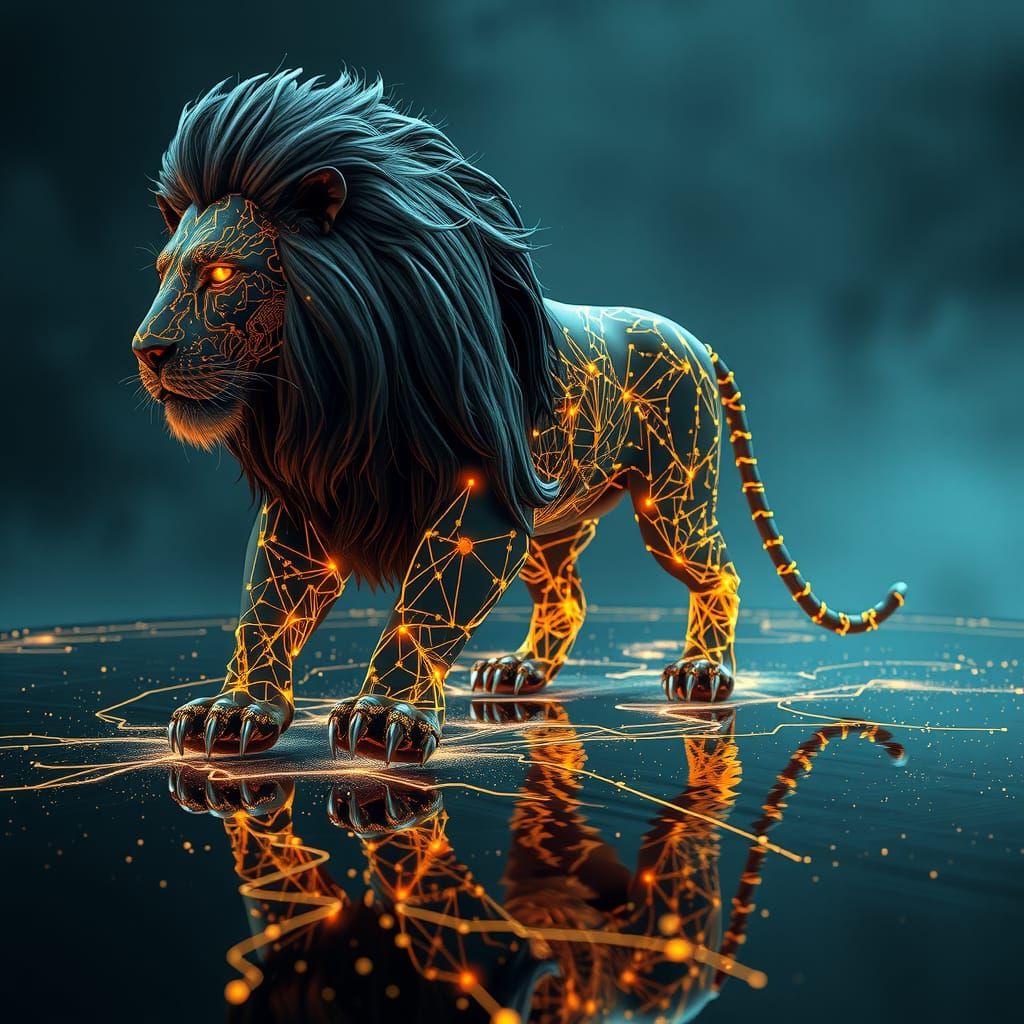 A dynamic fierce lion made completely from a glowing circuit board, electricity, fine detail, hyperrealistic, ...  by @Carrie David Parr 