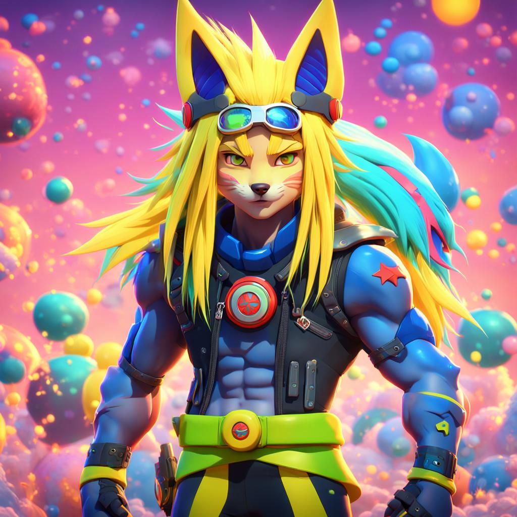 nekoboy with long fluorescent yellow hair, colorful locks, w...